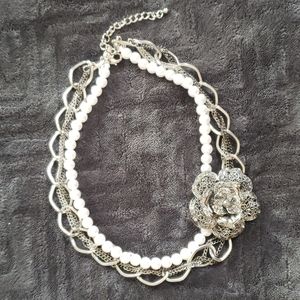 Faux pearl and silver choker